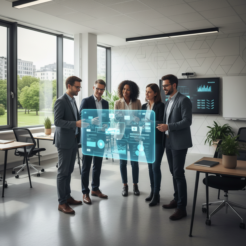 Teachers interacting with AI in a futuristic classroom setting