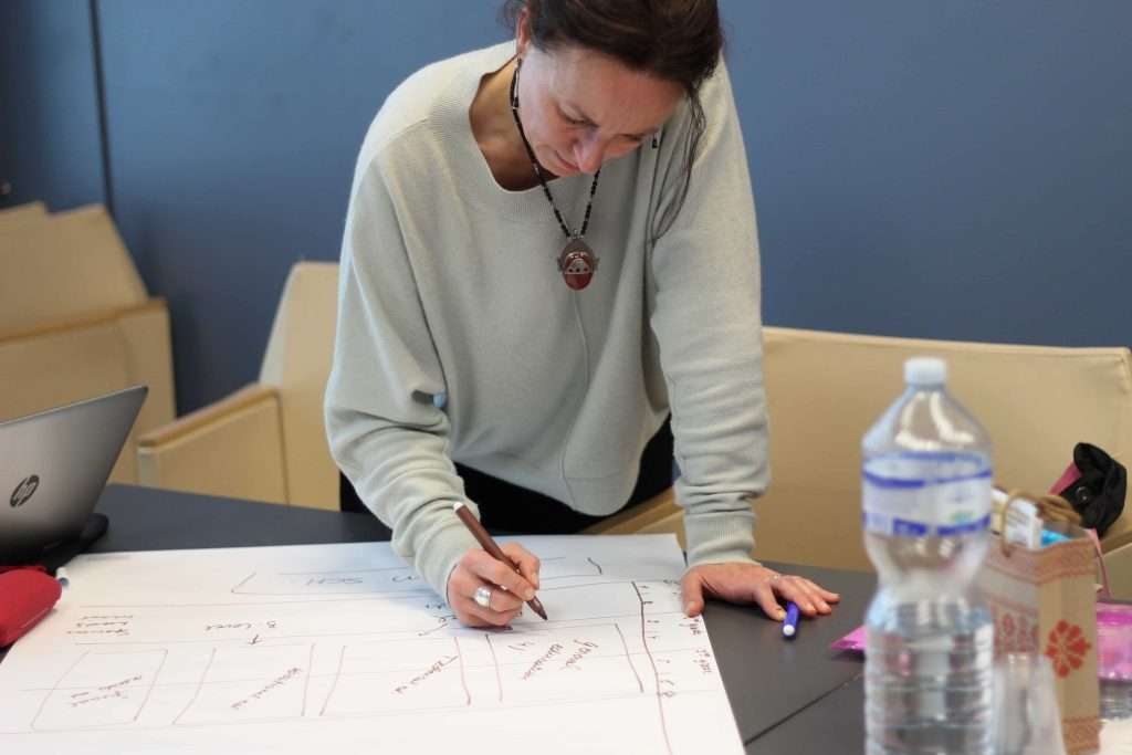 Učitel kreslí diagram pedagogické strategie u stolu během společného workshopu v rámci vzdělávacího programu financovaného z Erasmus+ KA1