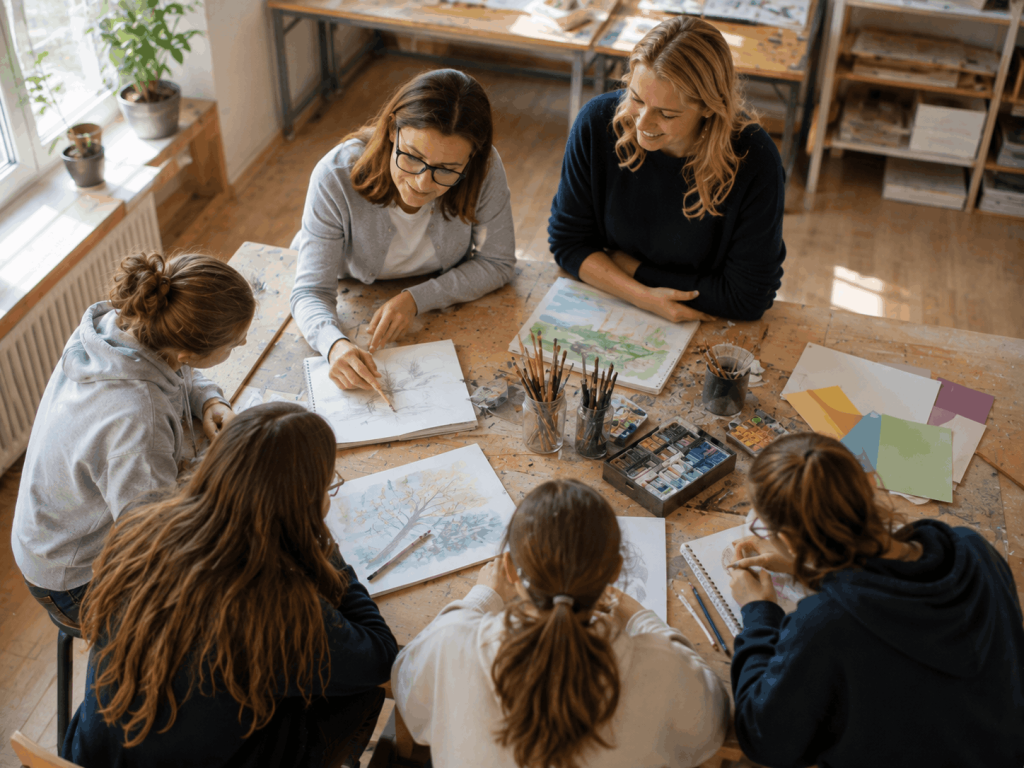 Relación profesor-alumno en un entorno de aprendizaje en grupo: alumnos que dibujan y pintan juntos en una mesa de madera con material de arte