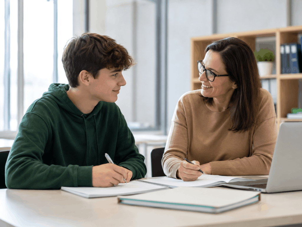 Relación profesor-alumno durante una tutoría individual: un alumno toma notas mientras el docente lo orienta en un pupitre de un aula moderna y luminosa